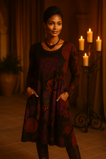 Bohemian midi-jurk met lange mouwen en elegante print – LioraMuse - Glamorix