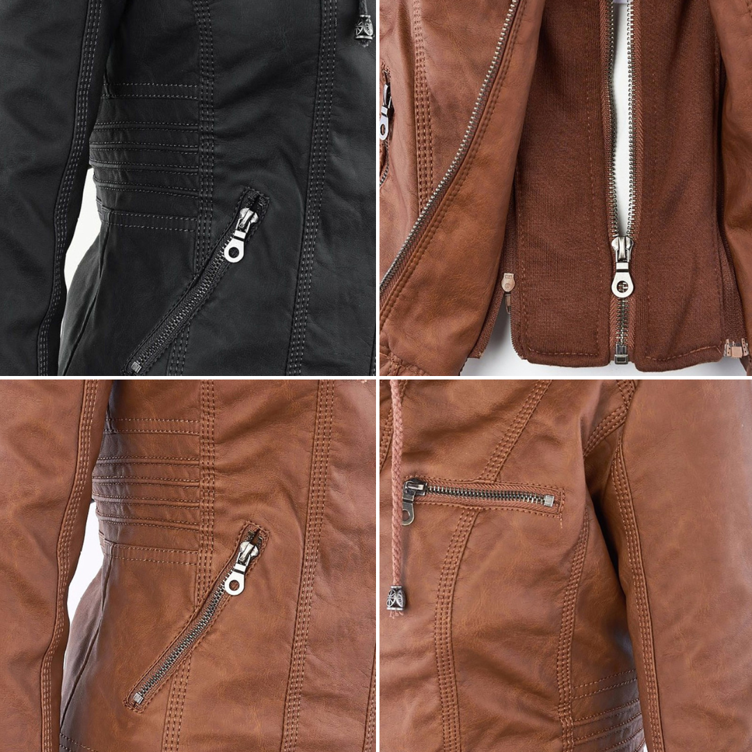 LEIGH – Chaqueta de cuero impermeable para mujer con capucha - Glamorix