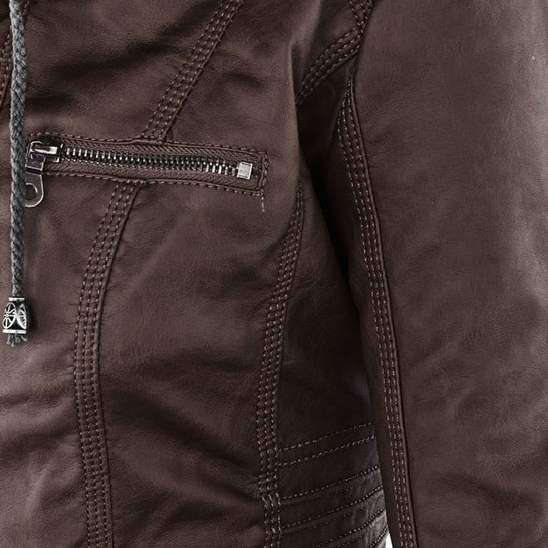 LEIGH – Chaqueta de cuero impermeable para mujer con capucha - Glamorix