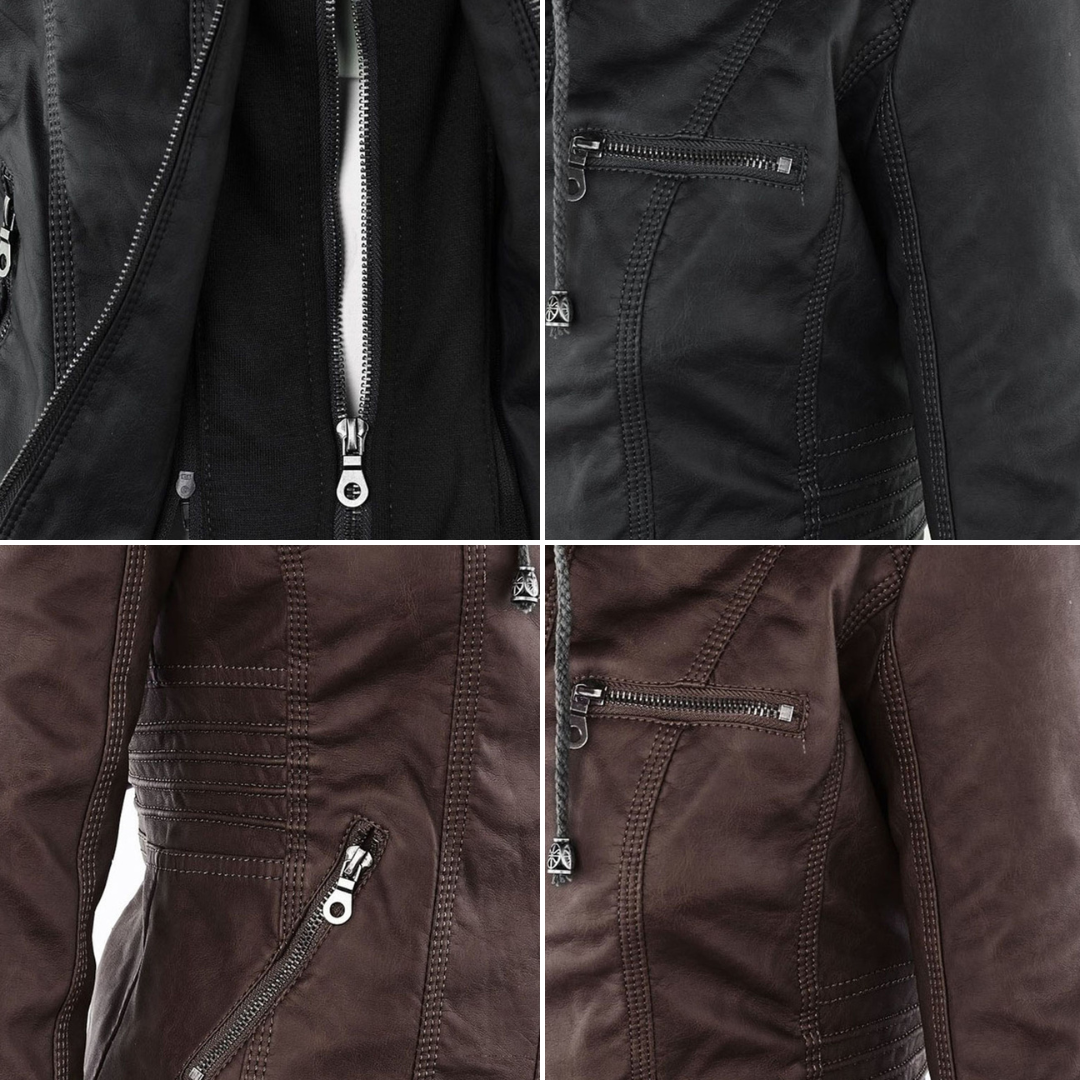 LEIGH – Chaqueta de cuero impermeable para mujer con capucha - Glamorix