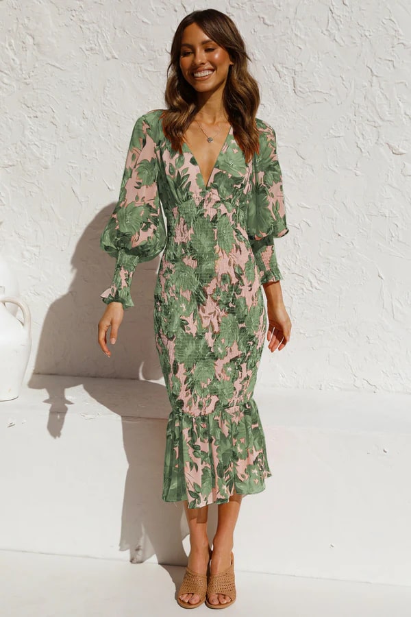 Elegante midi-jurk met bloemenprint en pofmouwen voor dames – ISABELLA