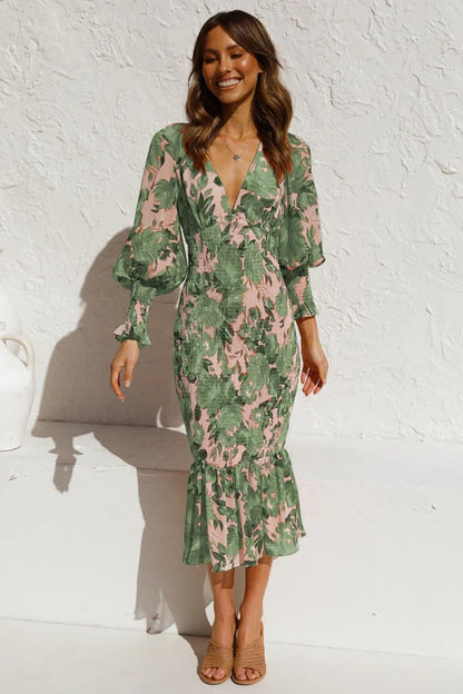 Elegante midi-jurk met bloemenprint en pofmouwen voor dames – ISABELLA