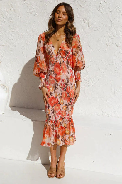 Elegante midi-jurk met bloemenprint en pofmouwen voor dames – ISABELLA