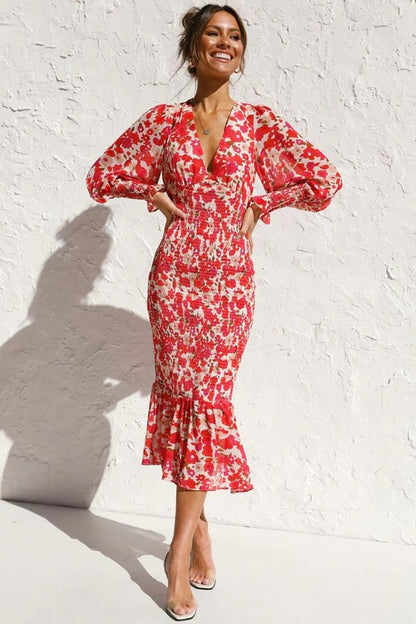 Elegante midi-jurk met bloemenprint en pofmouwen voor dames – ISABELLA