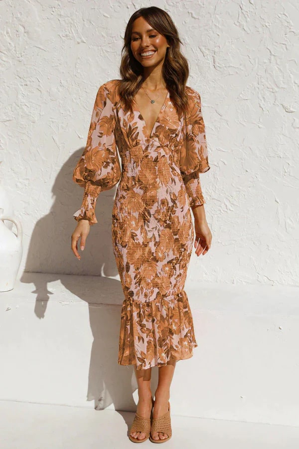 Elegante midi-jurk met bloemenprint en pofmouwen voor dames – ISABELLA