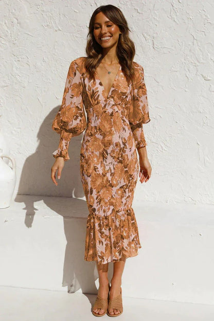 Elegante midi-jurk met bloemenprint en pofmouwen voor dames – ISABELLA