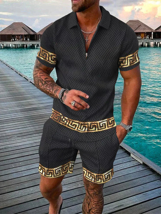 Heren set met poloshirt en short met grafische details – ENZO COORDSET - Glamorix