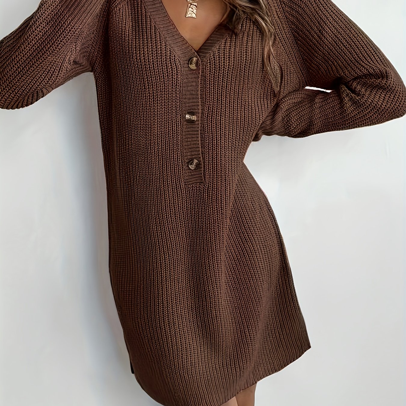 Jurk gebreid voor dames met v hals en raglanmouwen – ELARA - Glamorix