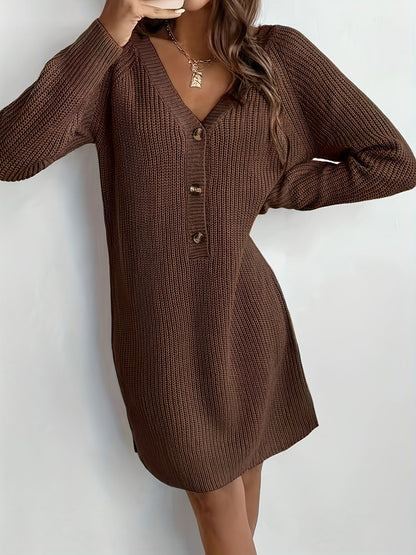 Jurk gebreid voor dames met v hals en raglanmouwen – ELARA - Glamorix