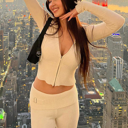 Gebreide Set – Ritsvest Met Capuchon En Hoge Taille Broek - Glamorix