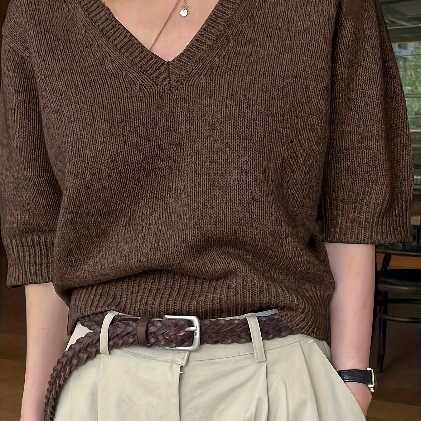 Lichtgewicht trui met v hals en korte mouwen – AERON - Glamorix