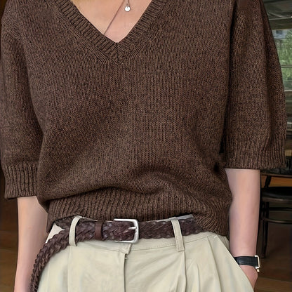 Lichtgewicht trui met v hals en korte mouwen – AERON - Glamorix