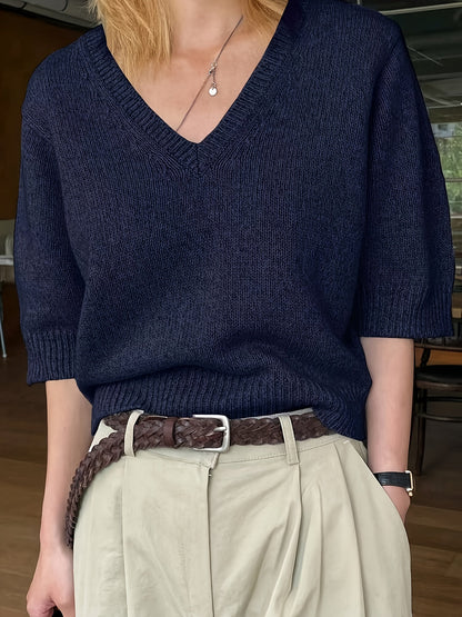 Lichtgewicht trui met v hals en korte mouwen – AERON - Glamorix