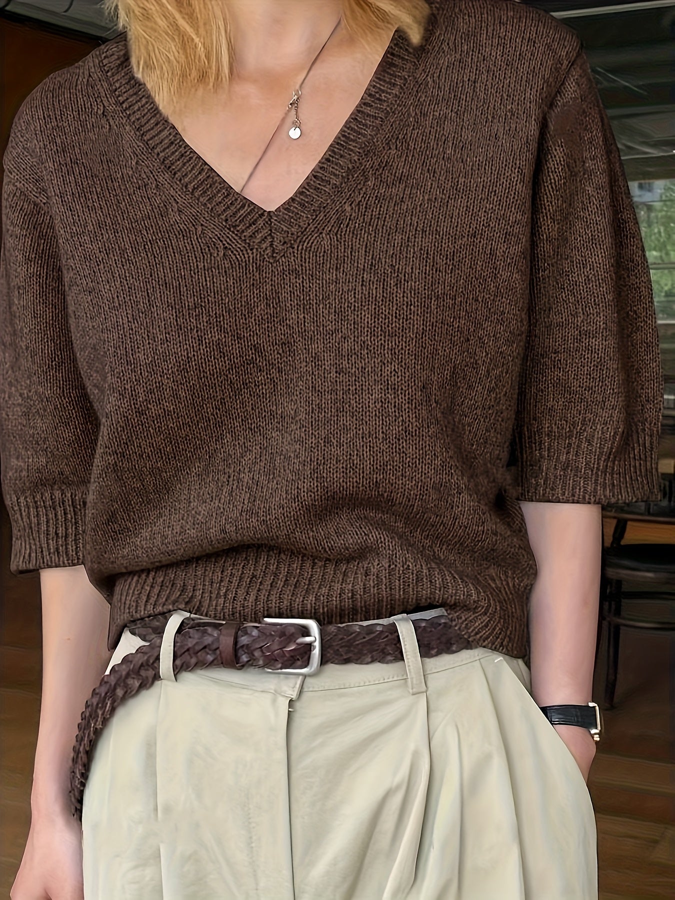 Lichtgewicht trui met v hals en korte mouwen – AERON - Glamorix