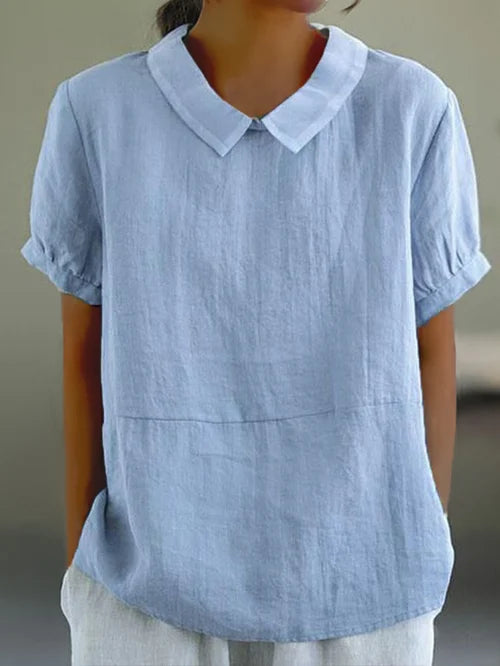 Vrouwelijke damesblouse met ronde kraag en korte mouwen – ELINORA GRACE - Glamorix