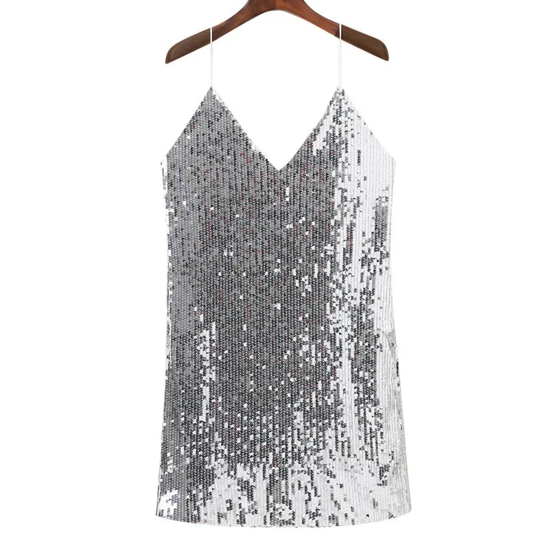 Glanzende mini-jurk met pailletten en diepe V-hals – LURELIA SHINE - Glamorix