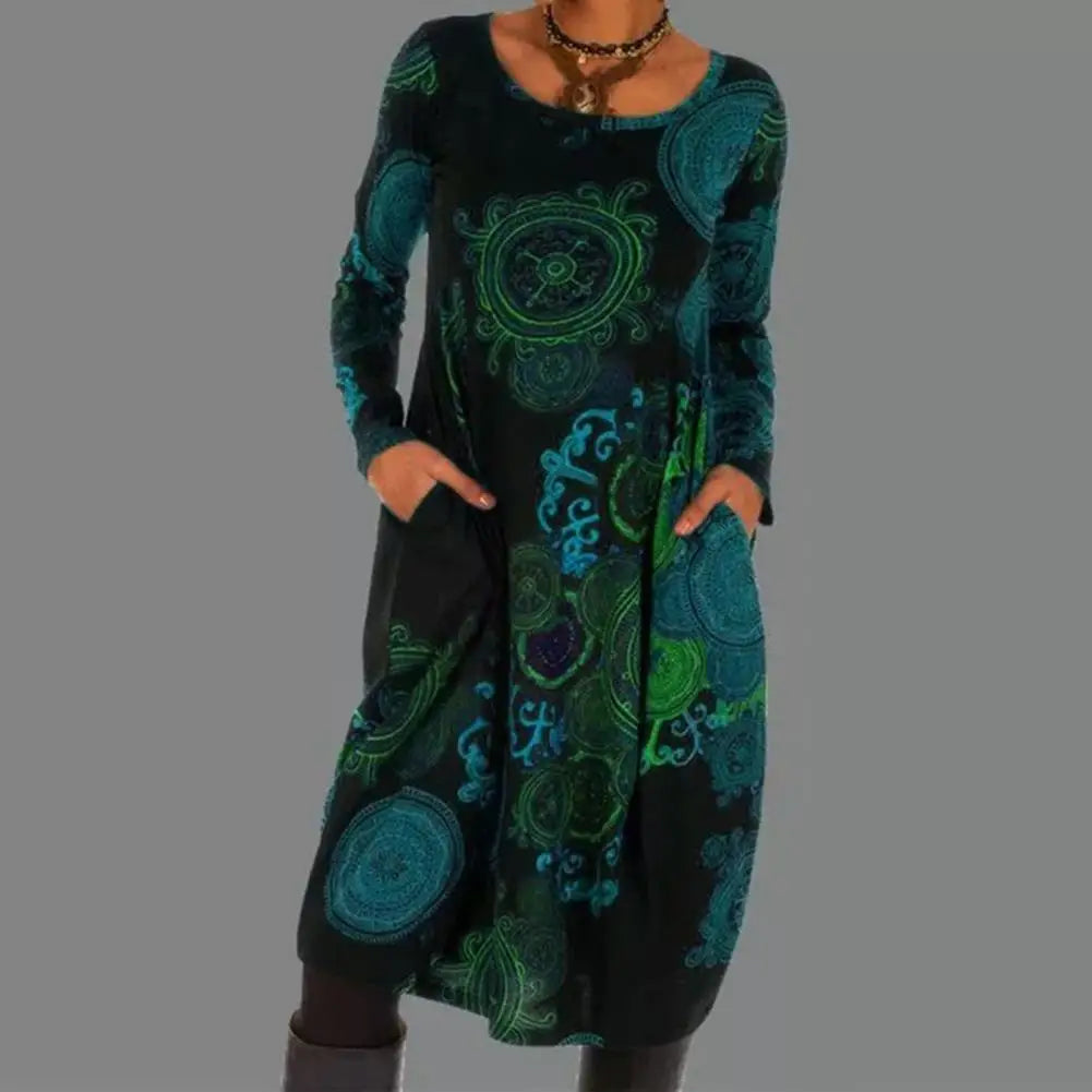 Bohemian midi-jurk met lange mouwen en elegante print – LioraMuse - Glamorix