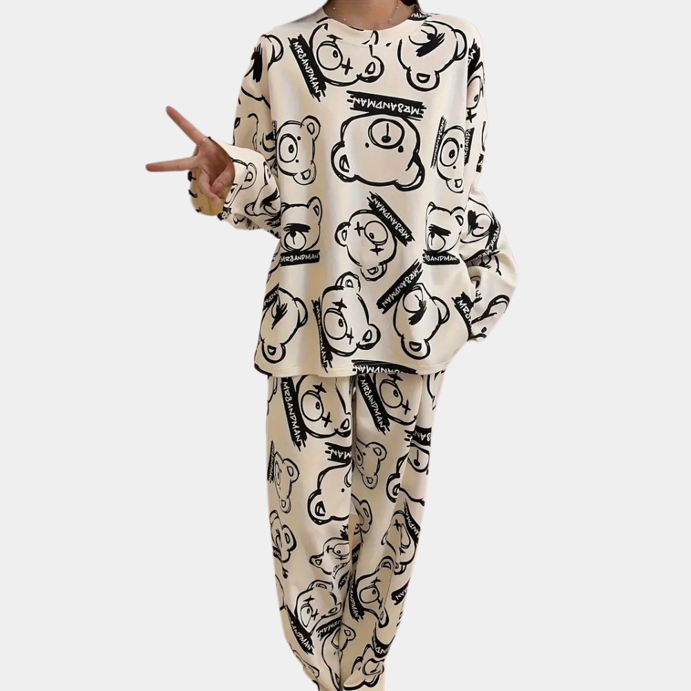 Zachte damespyjama met schattige berenprint – NOELYN - Glamorix