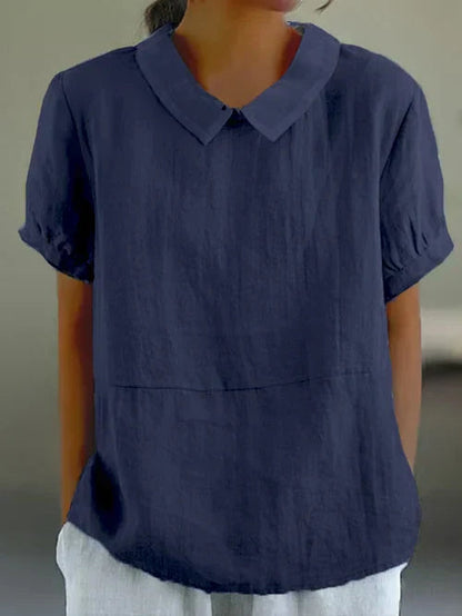 Vrouwelijke damesblouse met ronde kraag en korte mouwen – ELINORA GRACE - Glamorix