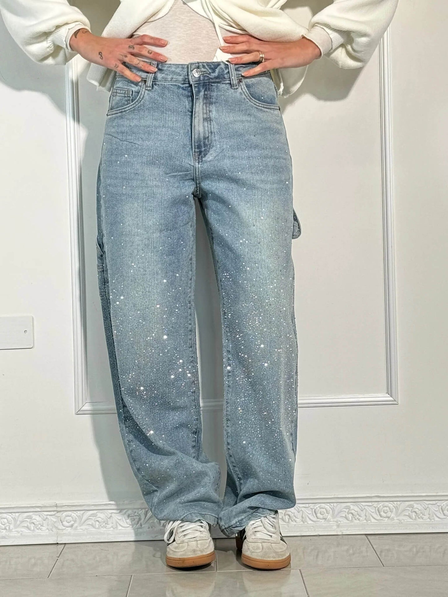 Glanzende wide leg jeans met hoge taille en relaxte fit – SERA SHINE - Glamorix