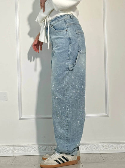 Glanzende wide leg jeans met hoge taille en relaxte fit – SERA SHINE - Glamorix