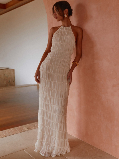 Lange dames halterjurk met geplooide details – ISABELLE FLOW - Glamorix