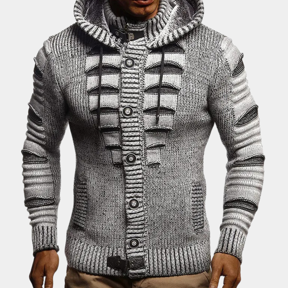 Gebreide heren hoodie met knoopsluiting en ribdetails – RENVARA KnitHood - Glamorix