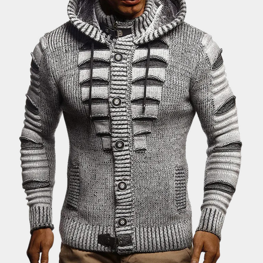 Gebreide heren hoodie met knoopsluiting en ribdetails – RENVARA KnitHood - Glamorix
