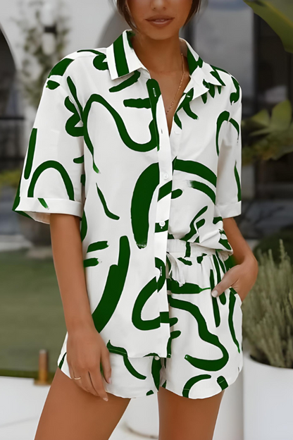 Tweedelige dames set met losvallende blouse en short – MAELIE LINNSET - Glamorix