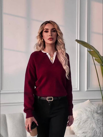 Katoenmix trui met kant inzet en losvorm voor dames – NEXA - Glamorix