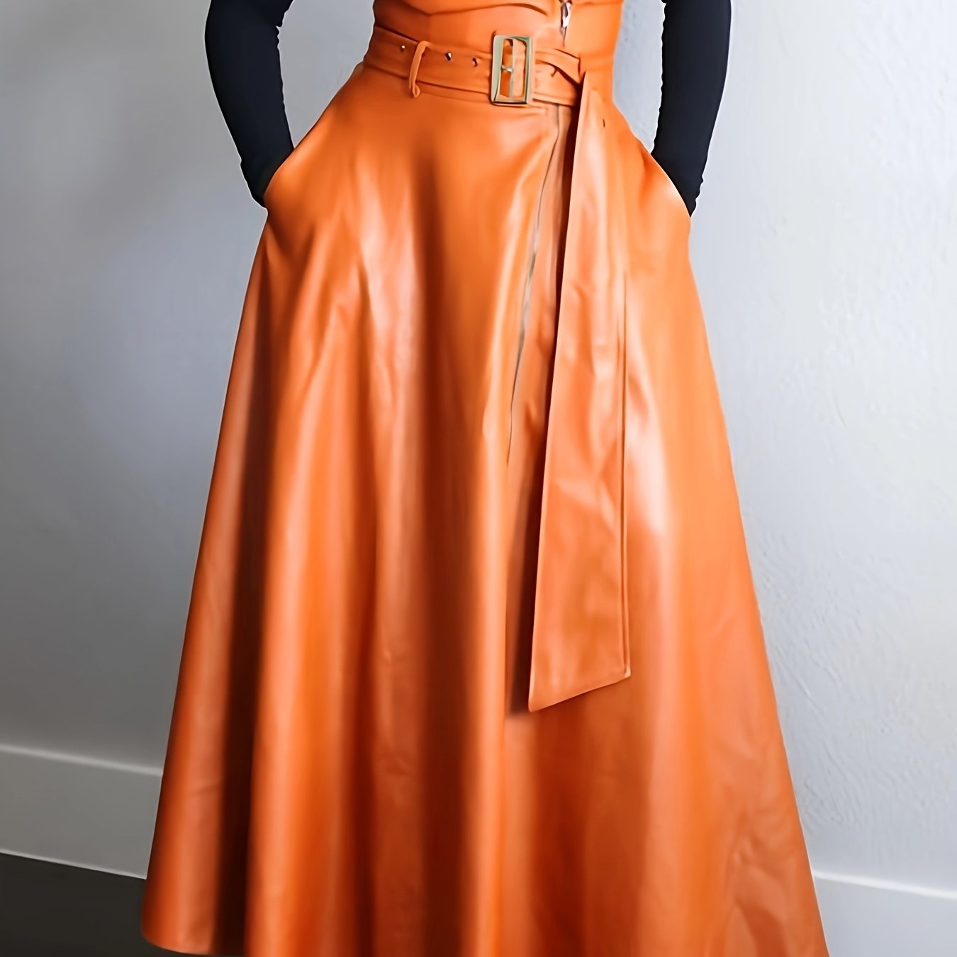 Kunstleer Rok - Hoge Taille A Lijn Vorm en Zijritszakken - Glamorix