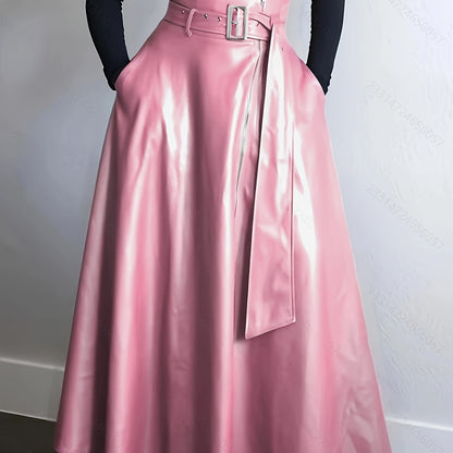 Kunstleer Rok - Hoge Taille A Lijn Vorm en Zijritszakken - Glamorix