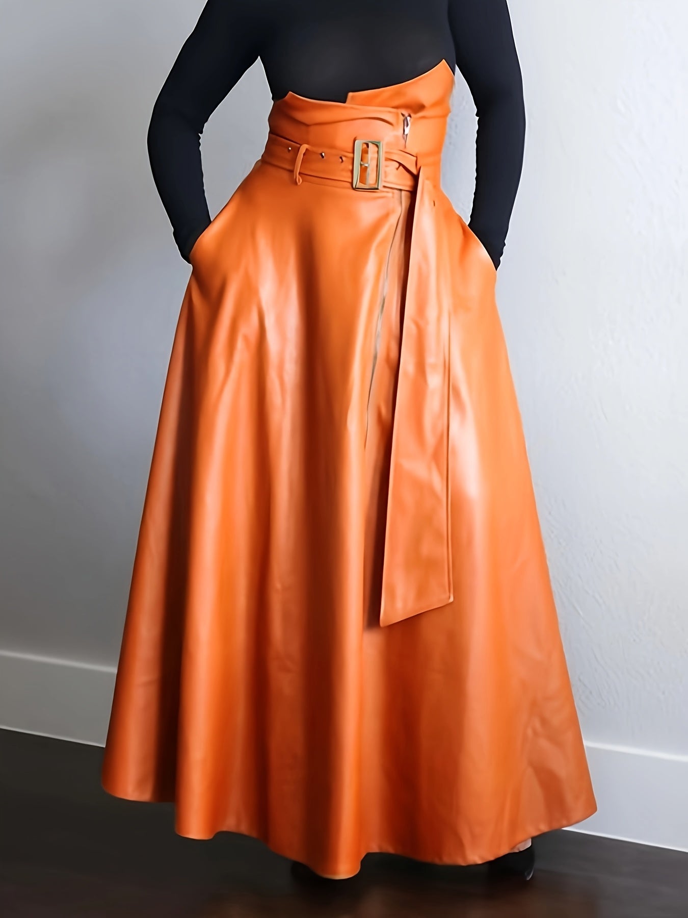 Kunstleer Rok - Hoge Taille A Lijn Vorm en Zijritszakken - Glamorix