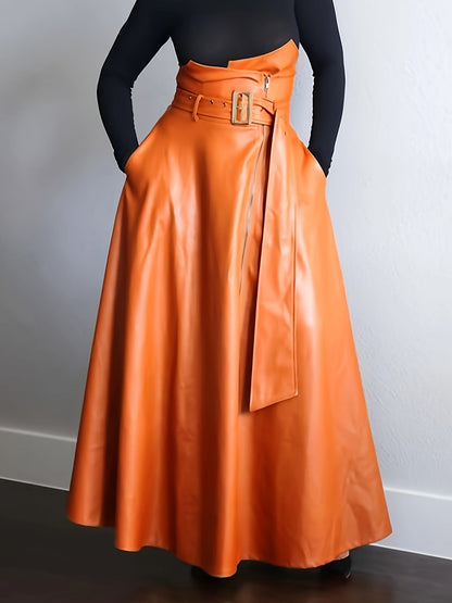Kunstleer Rok - Hoge Taille A Lijn Vorm en Zijritszakken - Glamorix