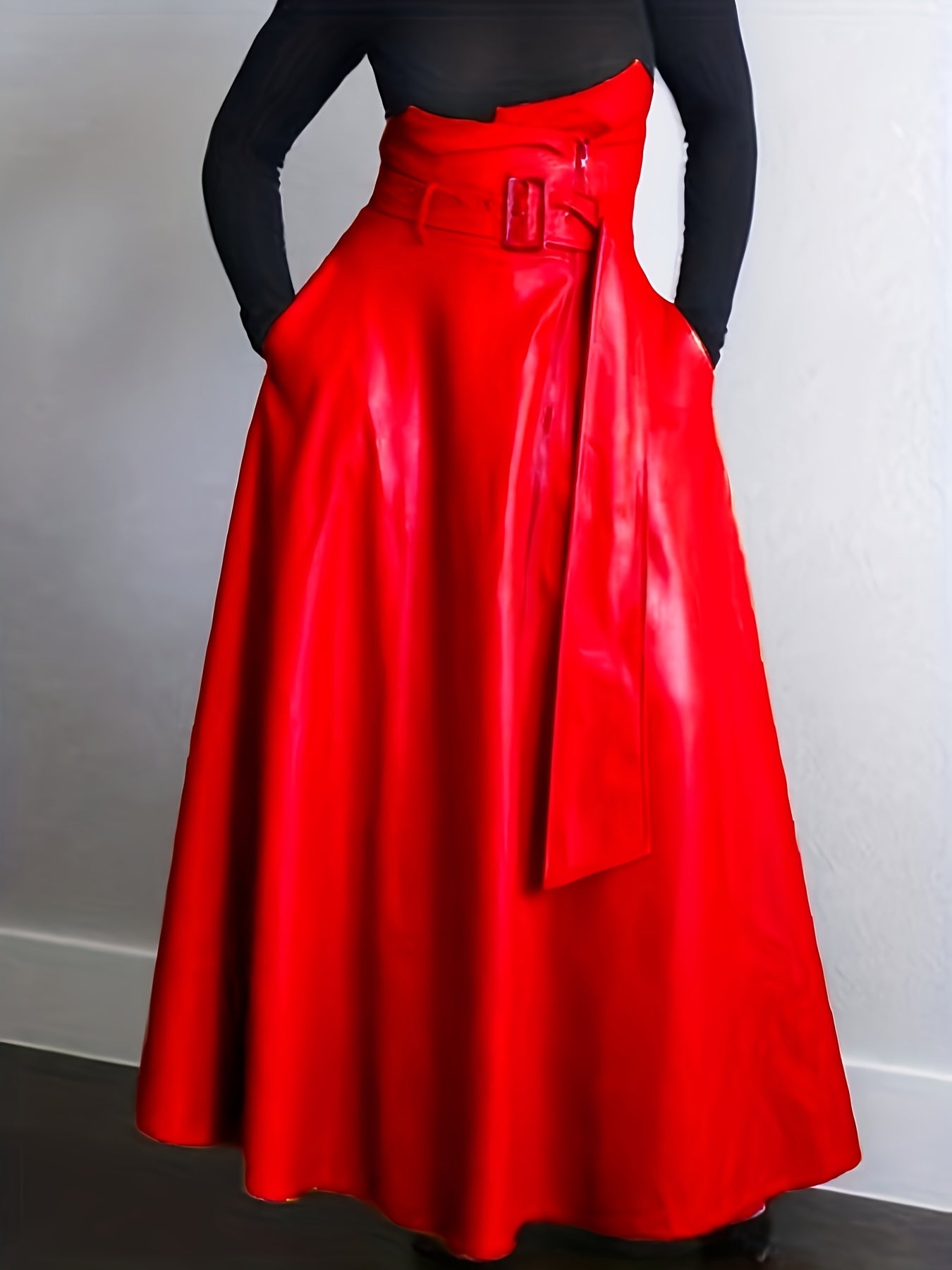 Kunstleer Rok - Hoge Taille A Lijn Vorm en Zijritszakken - Glamorix