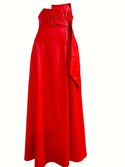 Kunstleer Rok - Hoge Taille A Lijn Vorm en Zijritszakken - Glamorix