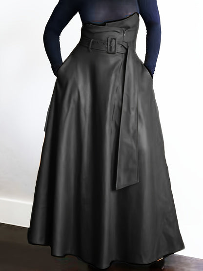 Kunstleer Rok - Hoge Taille A Lijn Vorm en Zijritszakken - Glamorix