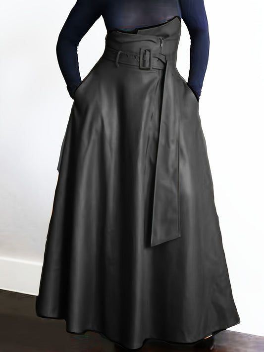 Kunstleer Rok - Hoge Taille A Lijn Vorm en Zijritszakken - Glamorix