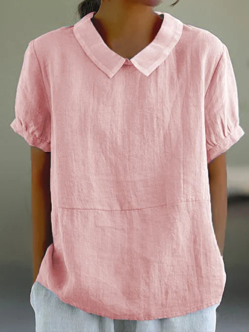 Vrouwelijke damesblouse met ronde kraag en korte mouwen – ELINORA GRACE - Glamorix