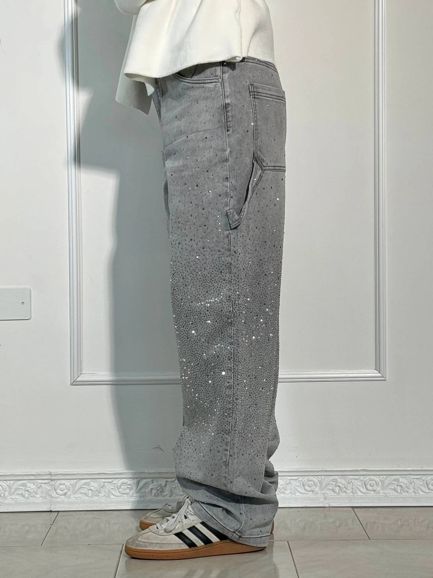 Glanzende wide leg jeans met hoge taille en relaxte fit – SERA SHINE - Glamorix