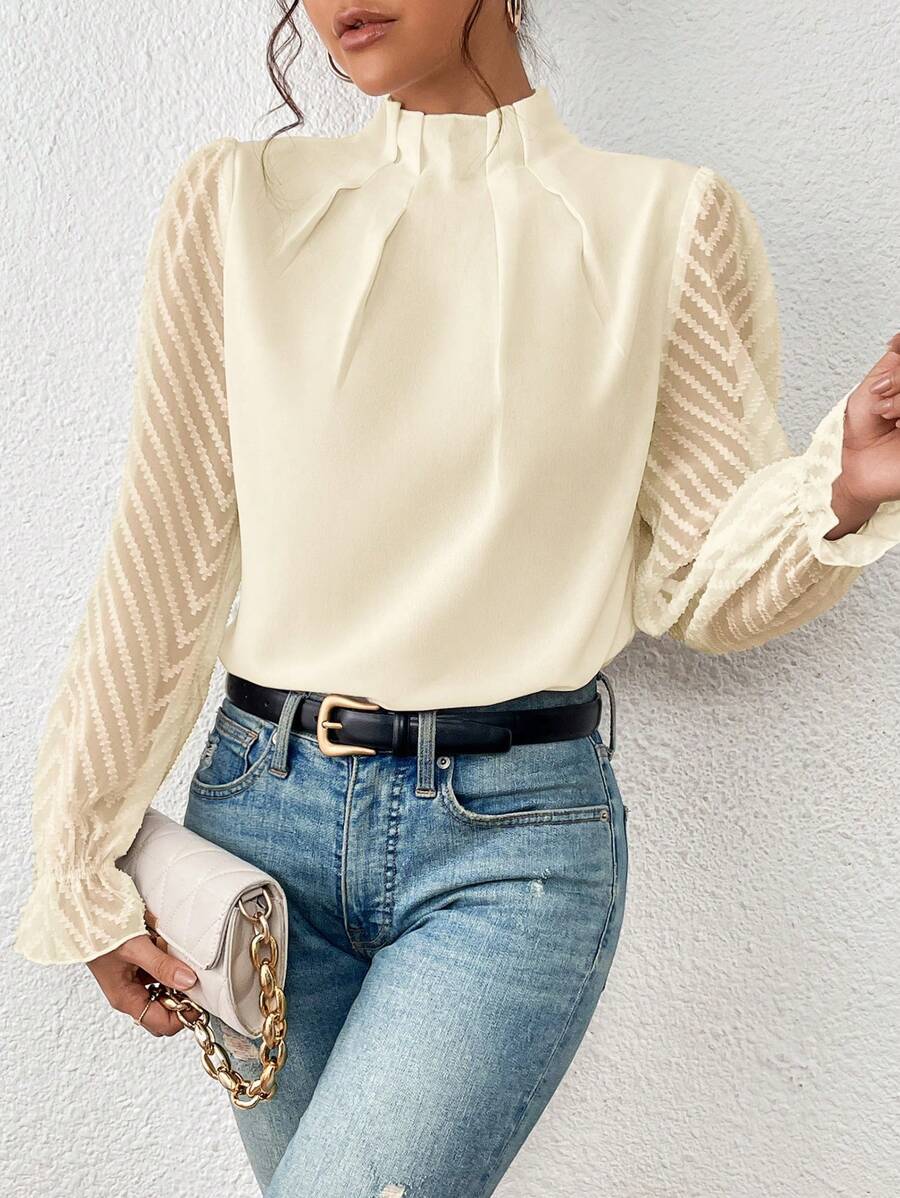 Chique damesblouse met transparante mouwen en verfijnde details – EVELYN SHEER - Glamorix