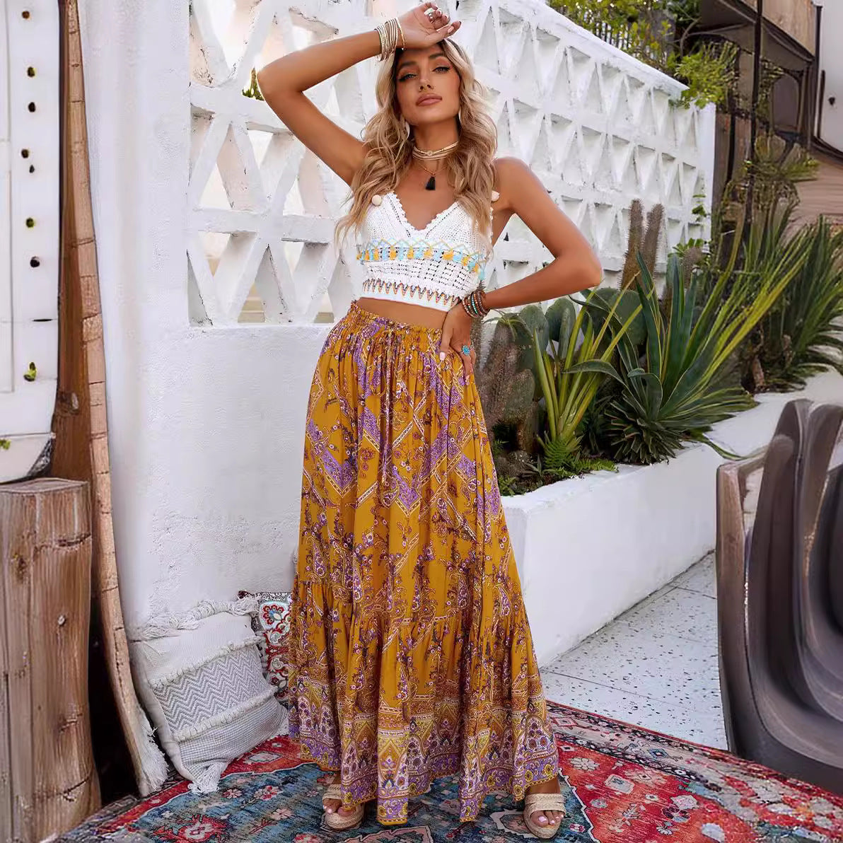 Boho dames maxi-rok met hoge taille en zwierige pasvorm – ZAFIRA MAXI - Glamorix