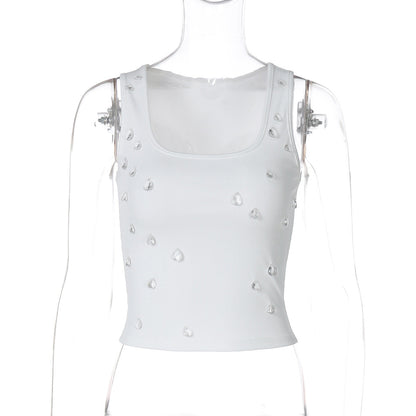Elegante dames tanktop met vierkante hals en siersteentjes – VELINA GLOW - Glamorix