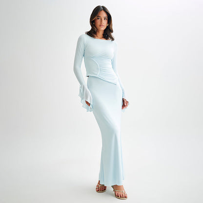 Lange damesjurk met drapering en flared mouwen – ELENORA GRACE - Glamorix