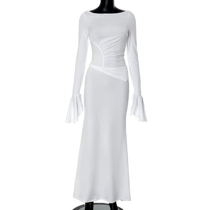 Lange damesjurk met drapering en flared mouwen – ELENORA GRACE - Glamorix