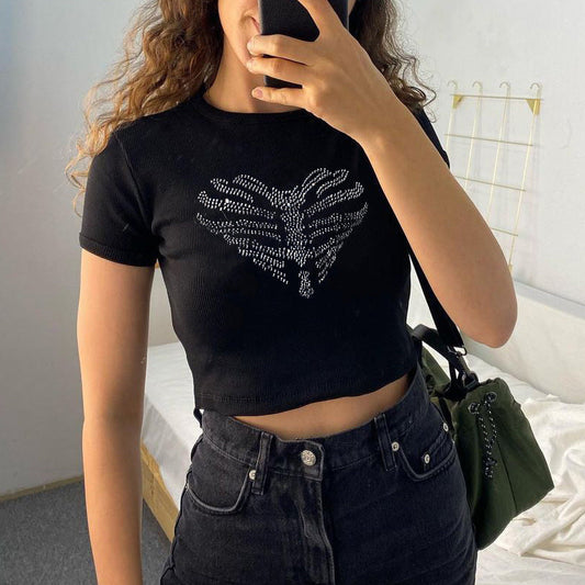 Zwarte dames crop top met strass ribcage-detail – KALYRA SPARK - Glamorix