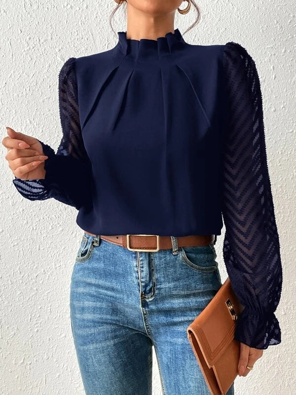 Chique damesblouse met transparante mouwen en verfijnde details – EVELYN SHEER - Glamorix