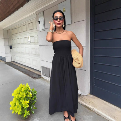 Modieuze strapless midi-jurk met smocktop – ELARA - Glamorix