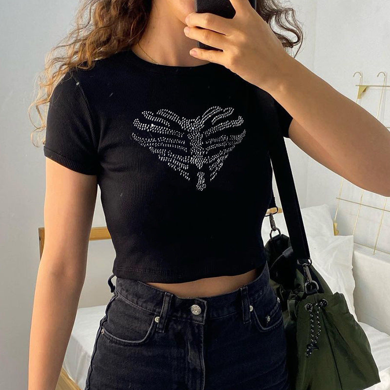 Zwarte dames crop top met strass ribcage-detail – KALYRA SPARK - Glamorix