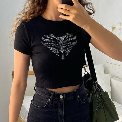 Zwarte dames crop top met strass ribcage-detail – KALYRA SPARK - Glamorix